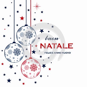 Christmas baubles vector with snowflakes and christmas greetings in italian language on white background.