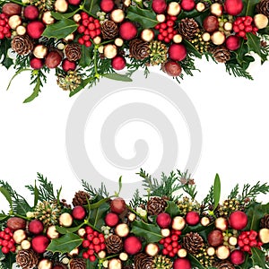 Christmas Baubles and Winter Greenery Border