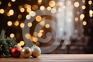 Christmas baubles on wooden table in front of defocused lights