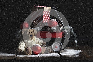 Christmas Bear Red Wagon