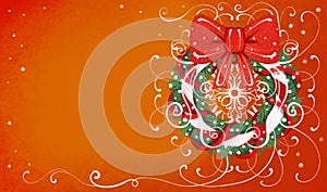 Christmas beautiful greeting card with copy space, Christmas wreath, bow and snow