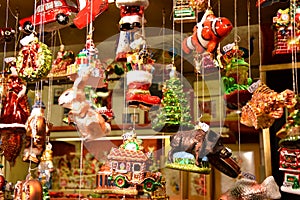 Christmas beautiful hanging ornaments on Christmas market