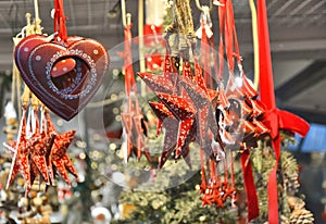 Christmas beautiful hanging ornaments on Christmas market