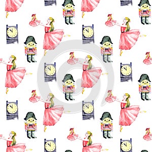 Christmas beautiful watercolor pattern, fairy tale nutcracker. Ballerina and princess, three-headed mouse king, baby