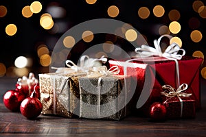 Christmas with beautifully wrapped presents, gifts, and red globes set against a captivating bokeh backdrop.