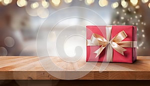 A Christmas beech wood tabletop product display with a red present on the right