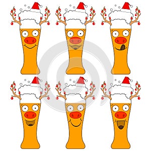 Christmas beer glasses in santa claus hats with deer faces and garlands on horns. The funny characters laugh and smile. Isolated v