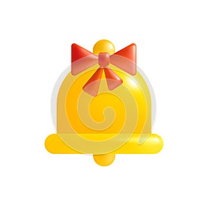 Christmas Bell. 3d icon of yellow handbell with red tied bow isolated on white background. Xmas symbol. Cartoon Design Element for