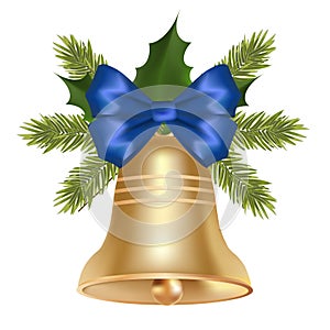 Christmas bell with blue bow and pine tree branch