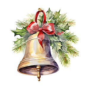 Christmas Bell with Bow Ties For Christmas Event. Watercolor Style. AI Generated