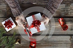 Christmas bell, Christmas decorations, golden snowflakes, falling snow, top view, copy space