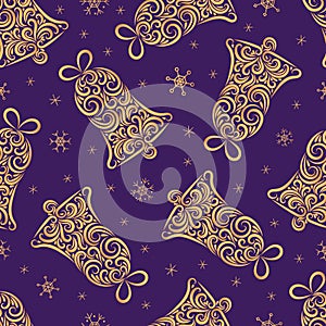 Christmas bell made of ornament elements and snowflakes vector seamless pattern. Stylized christmas bell seamless