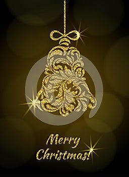 The Christmas bell with sparks and gold glitter from a floral ornament. Dark background with bokeh