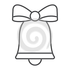 Christmas bell thin line icon, xmas and design, handbell sign, vector graphics, a linear pattern on a white background.