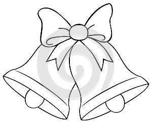Christmas bells with bow outline. Coloring book page for children. Vector illustration isolated on white background. Game for kids