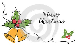 Christmas bells, handbell, jingle bells with holly berry illustration. Merry Christmas vector background. One continuous