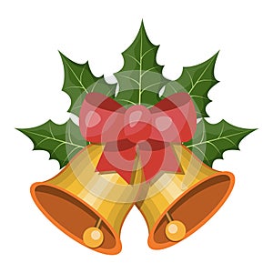 Christmas bells. Jingle bells or sleigh bells. With red bow and christmas holly.