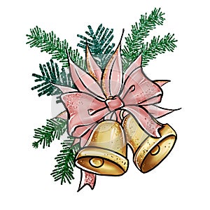 CHRISTMAS BELLS, PINE BRANCH AND CHRISTMAS POINSETTIA FLOWER