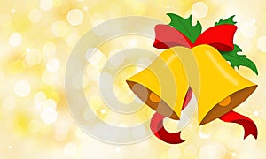 Christmas bells with red bow on golden background