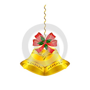 Christmas bells with a red bow and holly berry with leaves. Hang