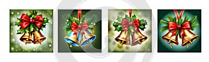 Christmas bells with red ribbon and fir branches on colored background. Holiday season illustration vector