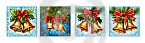 Christmas bells with red ribbon and fir branches on colored background. Holiday season illustration vector