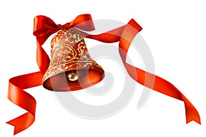 Christmas bells with ribbon isolated on white photo