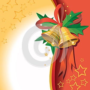 Christmas bells with ribbon on red background