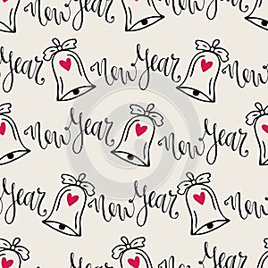 Christmas bells seamless pattern with calligraphy. Vector modern background for New Year wrapping paper