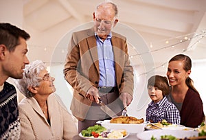 Christmas, big family or eating lunch in home, smile or bonding together at party. Xmas, food or grandparents, parents