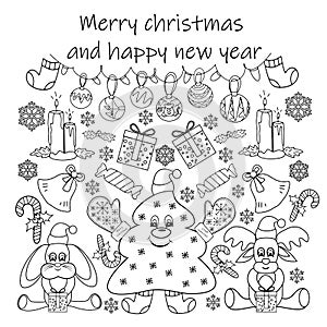 Christmas big set doodles or coloring christmas tree gifts animals candy snowflakes