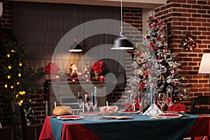 Christmas big table arrangement, beautiful decorated place