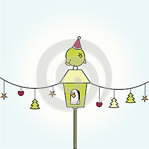Christmas bird on bird house