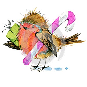 Christmas bird and Christmas background. watercolor illustration