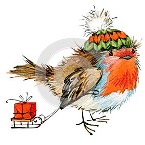 Pták a vánoční pozadí. akvarel ilustrace 