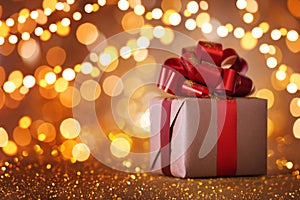 Christmas or Birthday gift box with red ribbon against garland from golden lights and bokeh background. Holiday greeting card