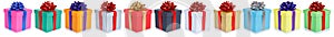 Christmas and birthday gifts decoration presents in a row collage isolated on a white background