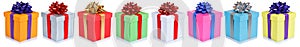 Christmas and birthday gifts presents in a row collage isolated on a white background