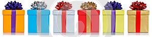 Christmas birthday gifts presents in a row isolated on white background