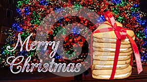 Christmas Biscuits Gift Box On Shiny Lighting Background.
