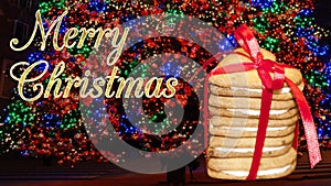 Christmas Biscuits Gift Box On Shiny Lighting Background.