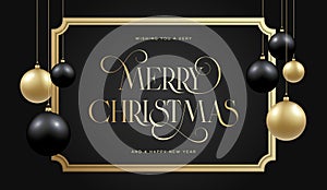 Christmas Black and Golden Baubles on Dark Background. Modern Golden Glitter Greetings Classic Frame Template Winter