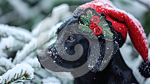 Christmas black labrador in a red hat with a stripe on a snowy background, banner
