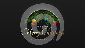 Christmas black premium abstract background with volume arc line, pine branches, Christmas balls. Luxury vector design holiday