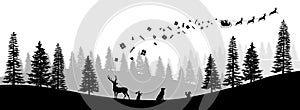 Christmas black silhouette. Panorama of Santa Claus riding sleigh with deers. Winters new year landscape. Forest scene.