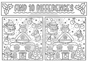 Christmas black and white find differences game for children. Attention skills activity with cute Santa Claus, house, tree,