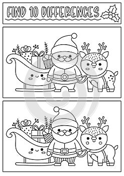 Christmas black and white find differences game for children. Attention skills activity with cute Santa Claus, sledge, deer. New