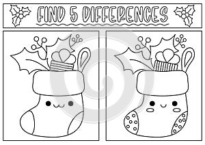 Christmas black and white find differences game for children. Attention skills activity with cute stocking with holly and present