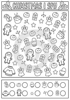 Christmas black and white I spy game for kids. Searching and counting line activity with cute kawaii holiday symbols. Winter