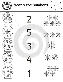 Christmas black and white matching game with snow globes and snowflakes. Winter math activity for preschool children. Educational